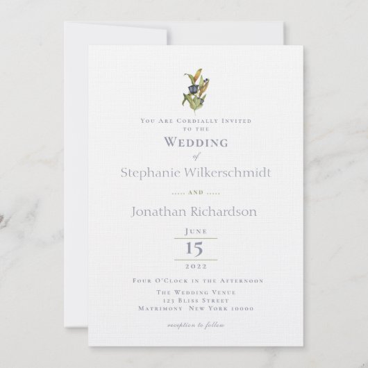 Invitation Floral moderne |Bleu et vert avec Mariage d'esplan (Dos)