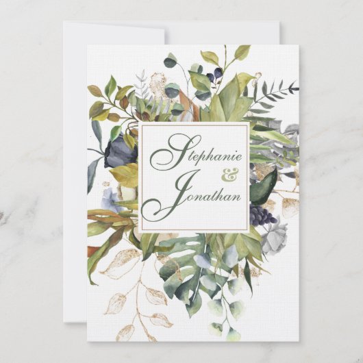 Invitation Floral moderne |Bleu et vert | MARIAGE (Devant)