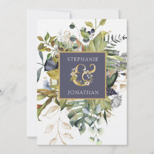 Invitation Floral moderne bleu & vert w Ampersand Mariage