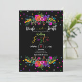 Invitation Floral moderne brillant et Mariage Fiesta noir (Debout devant)