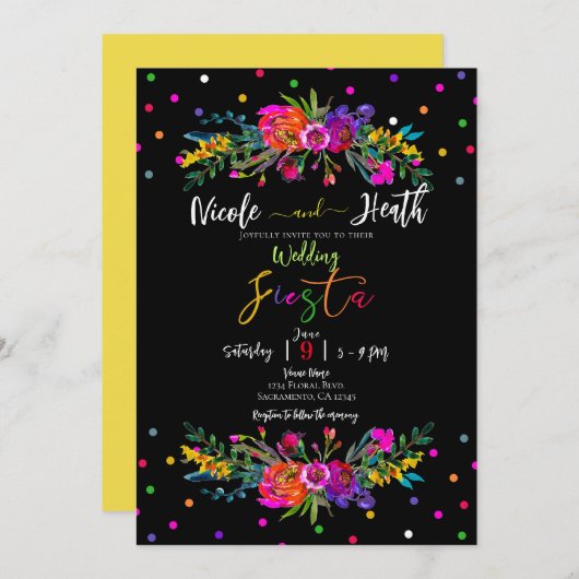 Invitation Floral moderne brillant et Mariage Fiesta noir (Devant / Derrière)