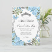 Invitation Floral moderne Dusty Bleu Argent Tiara Quinceañera (Debout devant)