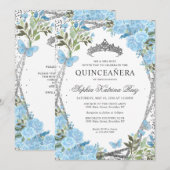 Invitation Floral moderne Dusty Bleu Argent Tiara Quinceañera (Devant / Derrière)