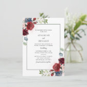 Invitation Floral moderne Dusty Blue Bourgogne Mariage de feu (Debout devant)