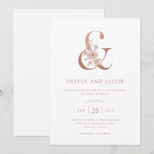 Invitation Floral moderne | Faux Rose Gold Ampersand Mariage (Devant / Derrière)