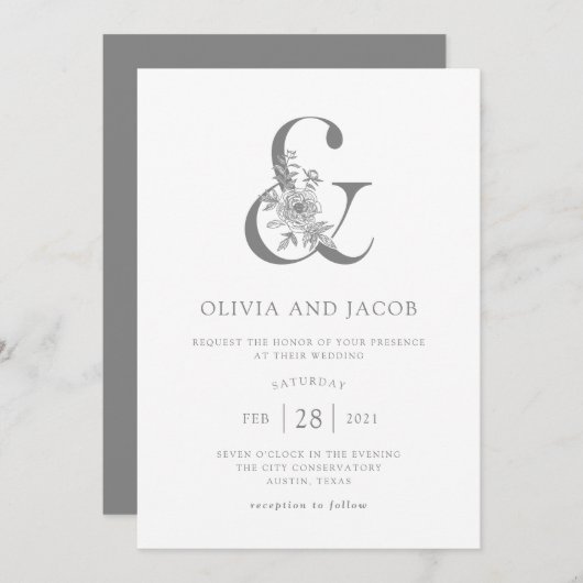 Invitation Floral moderne | Mariage gris et blanc (Devant / Derrière)