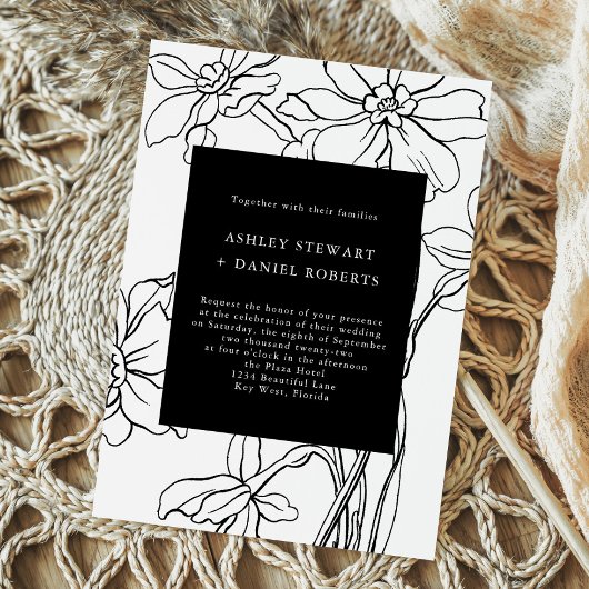 Invitation Floral moderne Mariage noir et blanc