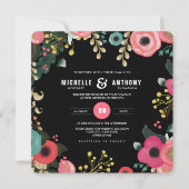 Invitation Floral moderne noir | Rose | MARIAGE TURQUOISE (Devant)