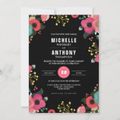 Invitation Floral moderne noir | Rose | MARIAGE TURQUOISE (Devant)