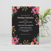 Invitation Floral moderne noir | Rose | Mariage Turquoise (Debout devant)