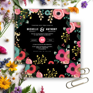 Invitation Floral moderne noir Rose MARIAGE TURQUOISE