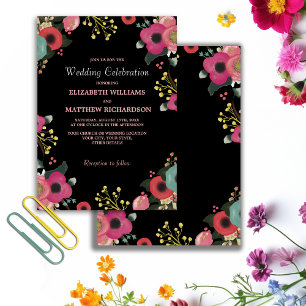 Invitation Floral moderne noir Rose Mariage Turquoise