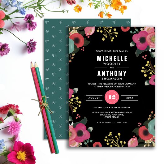 Invitation Floral moderne noir | Rose | MARIAGE TURQUOISE