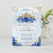 Invitation Floral moderne Royal Blue Gold Tiara Quinceañera (Debout devant)