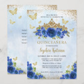 Invitation Floral moderne Royal Blue Gold Tiara Quinceañera (Devant / Derrière)