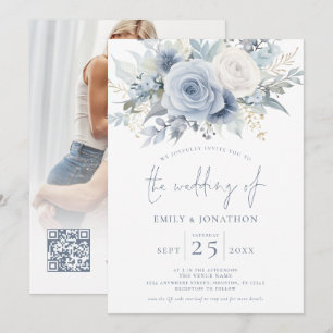 Invitation Floral moderne Superposition photo Texte bleu QR M