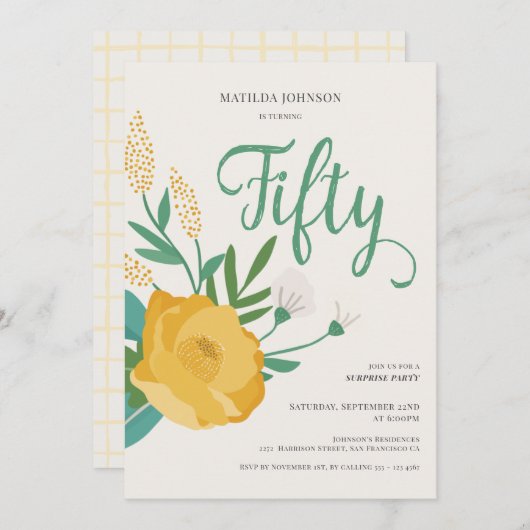 Invitation Floral moderne Surprise 50ème anniversaire (Devant / Derrière)