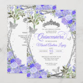 Invitation Floral moderne violet glam argent Tiara Quinceañer (Devant / Derrière)