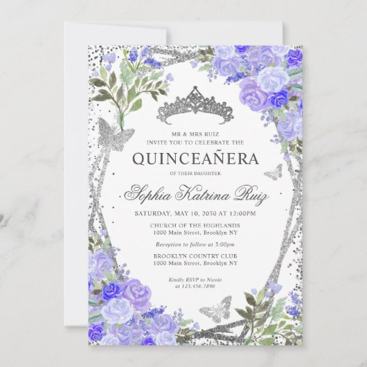 Invitation Floral moderne violet glam argent Tiara Quinceañer (Devant)