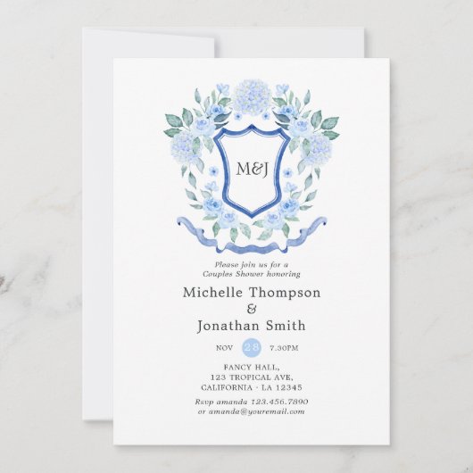 Invitation Floral Monogram Crest Couples Douche (Devant)