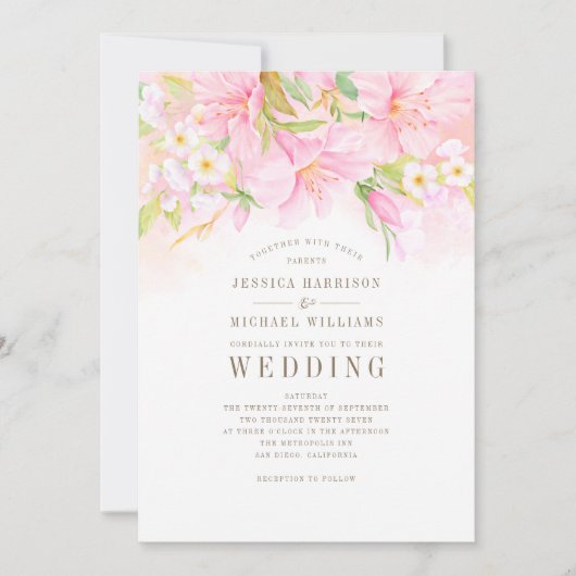 Invitation Floral Monogramme Aquarelle Bleu rose Mariage Boho (Devant)