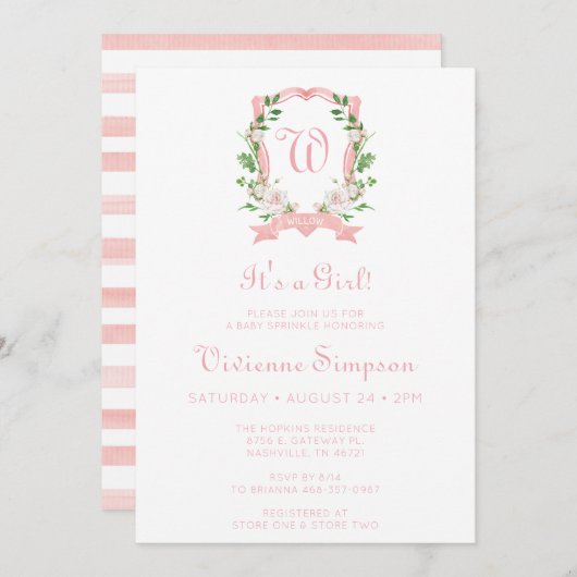 Invitation Floral Monogrammed Crest C'est une fille de bébé a (Devant / Derrière)