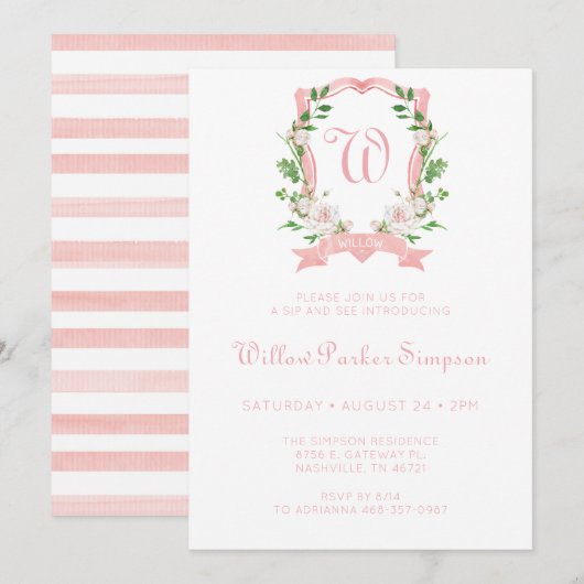 Invitation Floral Monogrammed Crest Girl Sip Et Voir (Devant / Derrière)