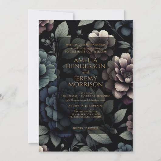 Invitation Floral Moody bleu avec QR Code & Détails (Devant)