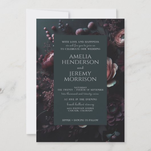 Invitation Floral Moody foncé avec code QR (Devant)