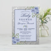 Invitation Floral Navy Baby shower d'étincelles d'argent bleu (Debout devant)