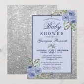 Invitation Floral Navy Baby shower d'étincelles d'argent bleu (Devant / Derrière)