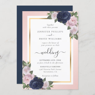 Invitation Floral Navy Blue Blush Gold Calligraphy Mariage
