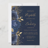 Invitation Floral Navy Blue Gold Parties scintillant Mariage (Devant)