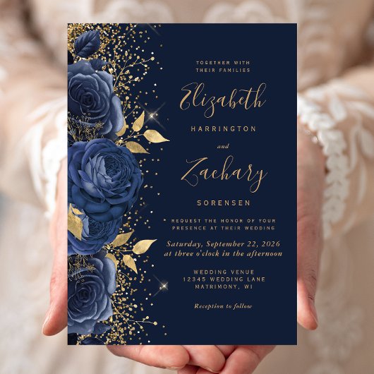 Invitation Floral Navy Blue Gold Parties scintillant Mariage