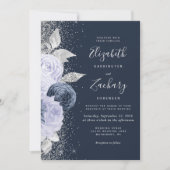 Invitation Floral Navy Blue Lilac Silver Parties scintillant  (Devant)