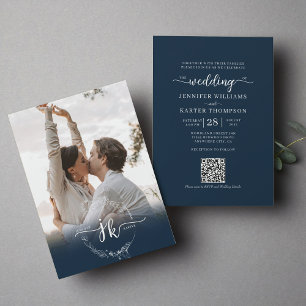 Invitation Floral Navy Blue Monogramme Photo QR Code Mariage