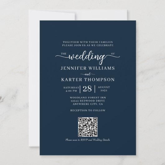 Invitation Floral Navy Blue Monogramme Photo QR Code Mariage (Devant)