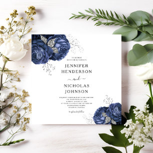 Invitation Floral Navy Blue Peonies Mariage élégant