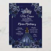 Invitation Floral Navy Blue Princess Silver Mis Quince (Devant / Derrière)