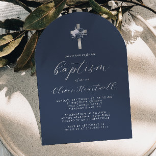 Invitation Floral Navy Blue Silver Cross Arch Boys Baptême