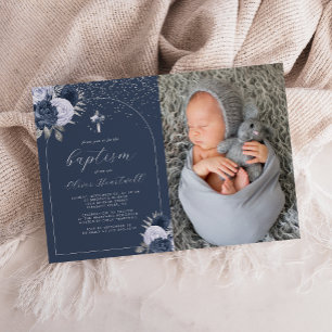 Invitation Floral Navy Croix Bleue Arc Photo Boys Baptême