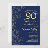 Invitation Floral Navy Gold Surprise 90e anniversaire fête (Devant)