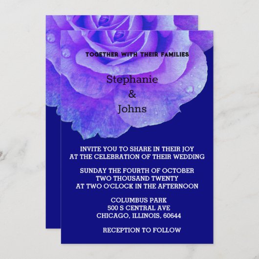 Invitation Floral Navy Rose bleu Fleur Rustique Boho Mariage (Devant / Derrière)