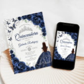Invitation Floral Navy Silver Quinceanera