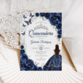 Invitation Floral Navy Silver Quinceanera
