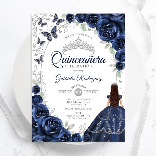 Invitation Floral Navy Silver Quinceanera