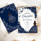 Invitation Floral Navy Silver Quinceanera