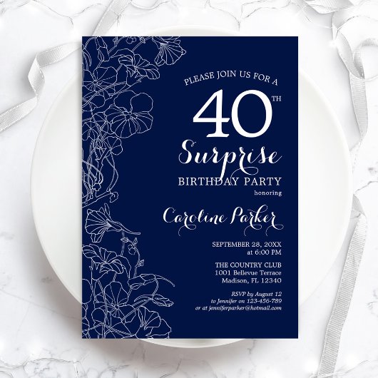 Invitation Floral Navy White Surprise 40e anniversaire
