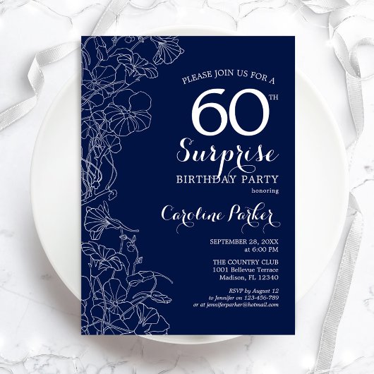 Invitation Floral Navy White Surprise 60e anniversaire