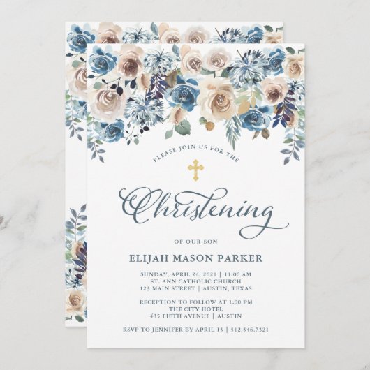 Invitation Floral neutre et bleu | Christening pour garçon ou (Devant / Derrière)